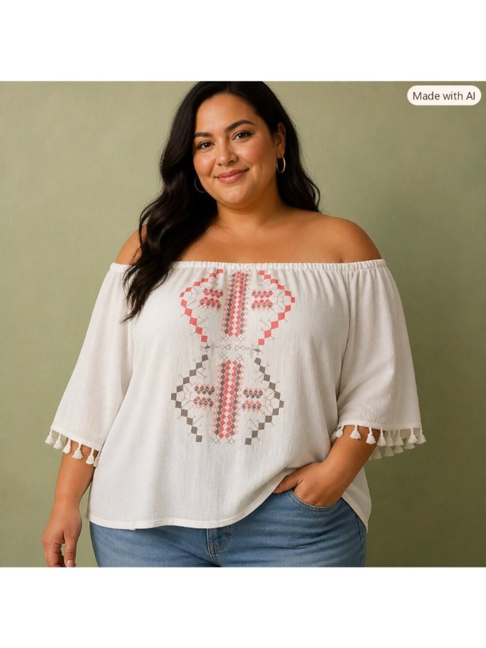 MISS LiLi Plus Size 1X Off / On Shoulder Embroidered Boho Tassel Peasant Blouse
